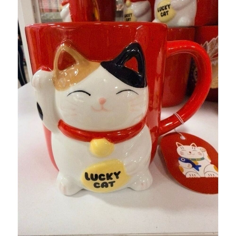 RARE NWT Asian Lucky Cat 3D Coffee Mug Hand Painted Maneki Neko Red Ceramic Pros